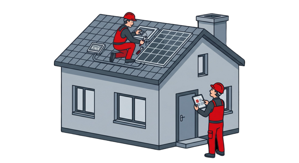 Illustration: Elektriker bei KNX- und PV-Installation am Haus