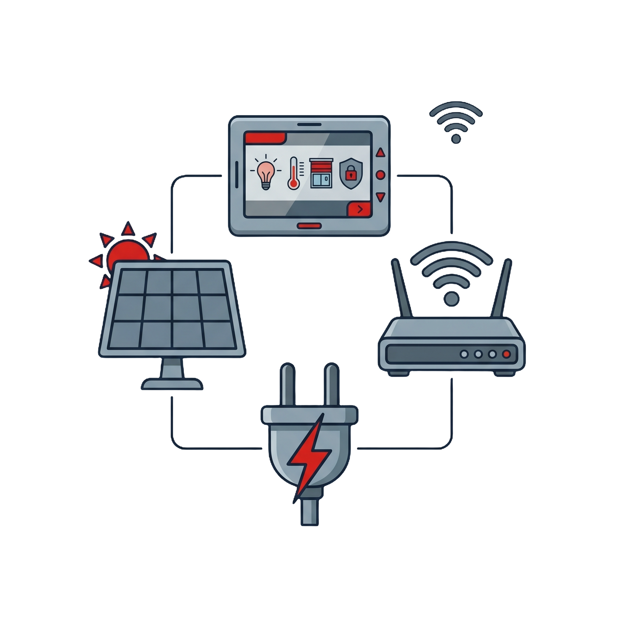 Illustration: geöffneter Werkzeugkoffer mit Symbolen für Smart Home, Photovoltaik, Elektroinstallation und Netzwerk