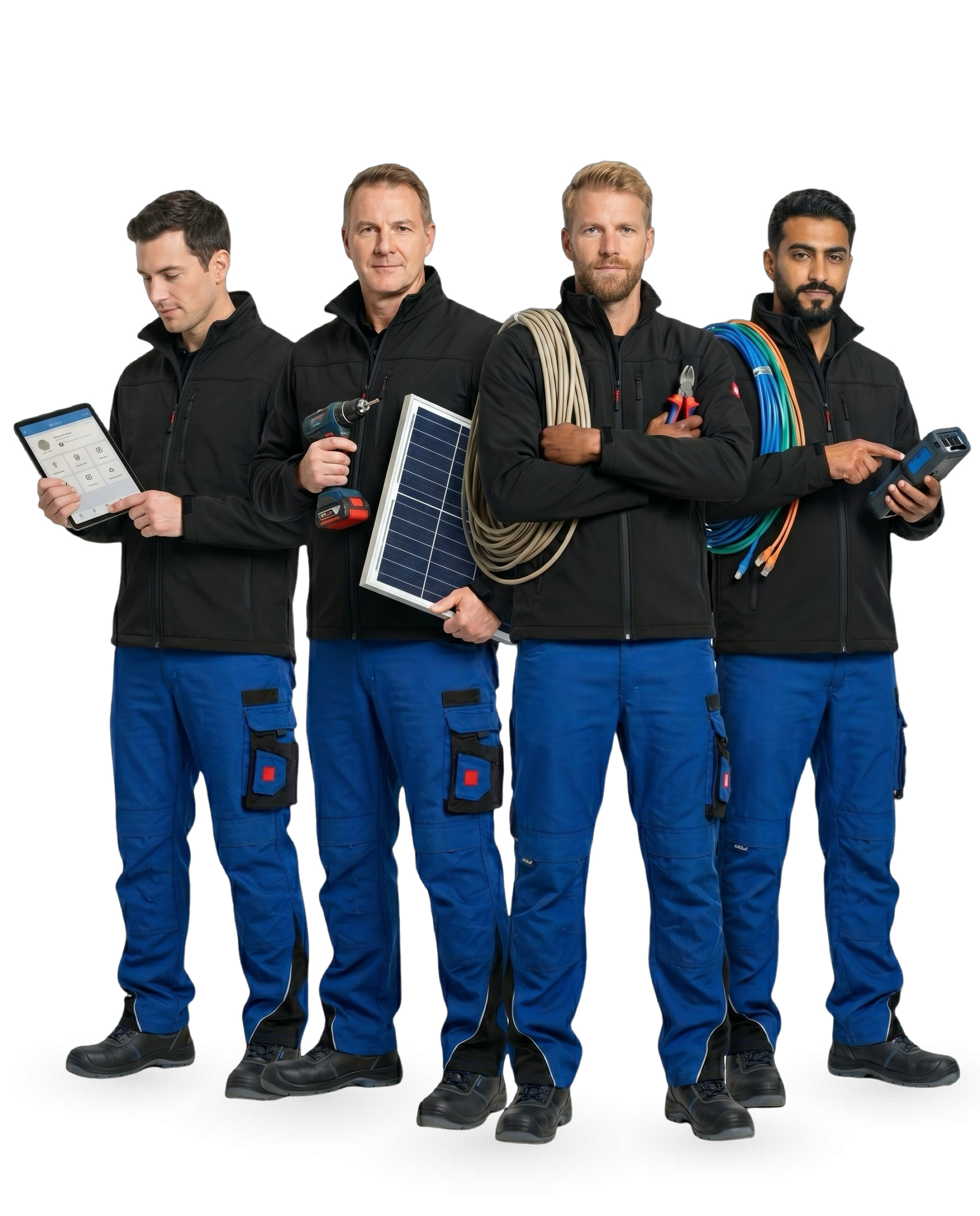 Vier Mitarbeiter von Elektro Schneider in Arbeitskleidung mit Werkzeug aus ihren Fachbereichen. KI-generierte Darstellung, wird nach dem Fototermin ersetzt.