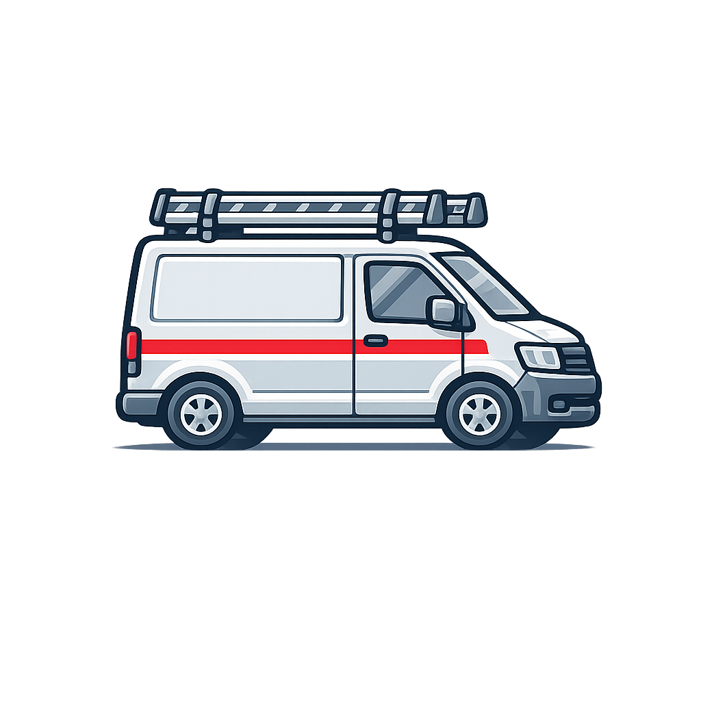 Illustration: Werkstattwagen mit Dachträger und roter Zierlinie