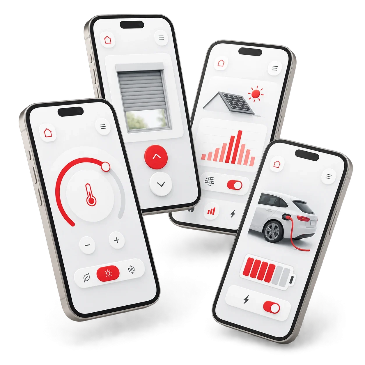 Vier Smartphones mit jeweils eigener App: Temperaturregler, Rollladensteuerung, Solarertrag und Ladestand des Autos – jedes Gerät wird getrennt bedient. KI-generierte Darstellung.