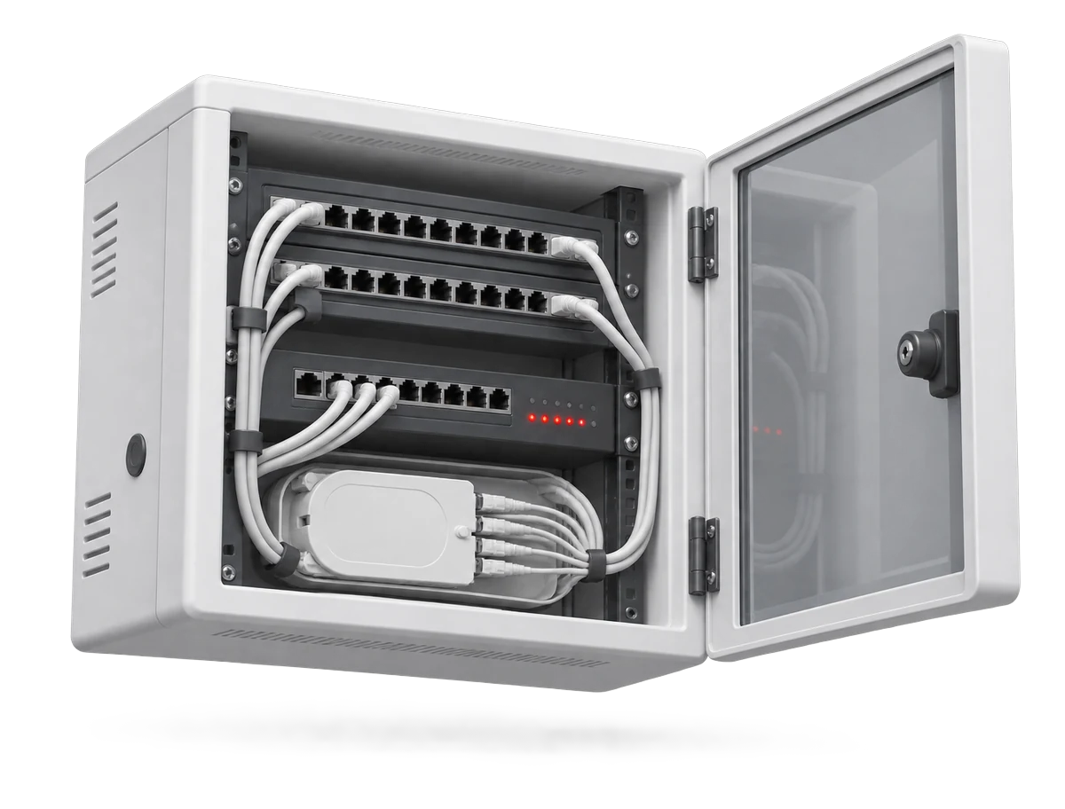 Offener wandmontierter Netzwerkschrank mit zwei Patchfeldern, einem Switch mit roten Statusleuchten, einer Spleißkassette für Glasfaser und sauber gelegten Patchkabeln. KI-generierte Darstellung.
