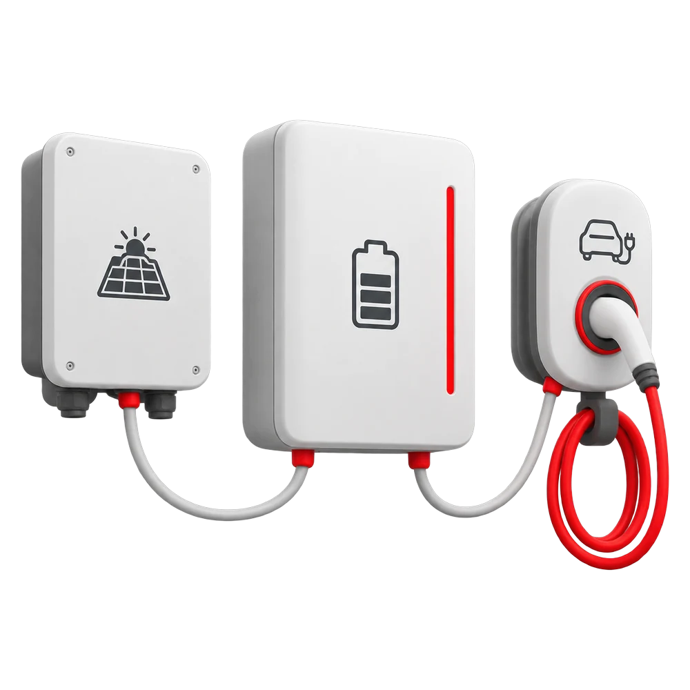 Drei weiße Geräte nebeneinander: Wechselrichter mit Solarmodul-Symbol, Stromspeicher mit Batteriesymbol und Wallbox mit rotem Ladekabel, untereinander verbunden. KI-generierte Darstellung.