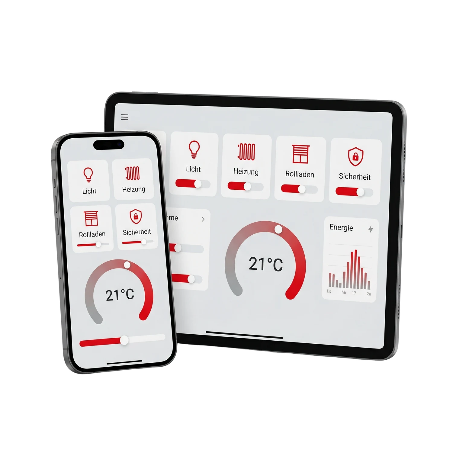 Smart-Home-Steuerung auf Smartphone und Tablet: Bedienfelder für Licht, Heizung, Rollladen und Sicherheit, Temperaturregler auf 21 Grad und Energie-Übersicht.